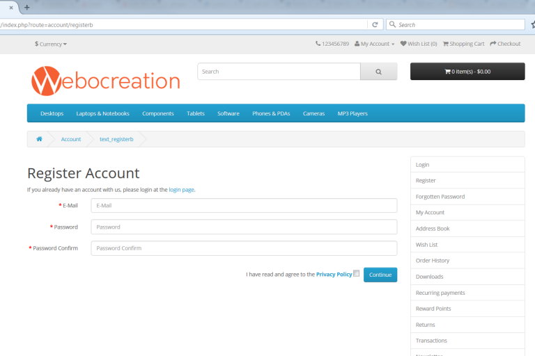 Separate register form containing email and password only in OpenCart 2.2