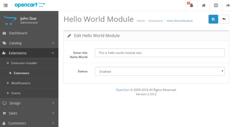 Admin Template file to make hello world – OpenCart Module Development