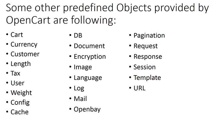 Pre defined objects in Opencart