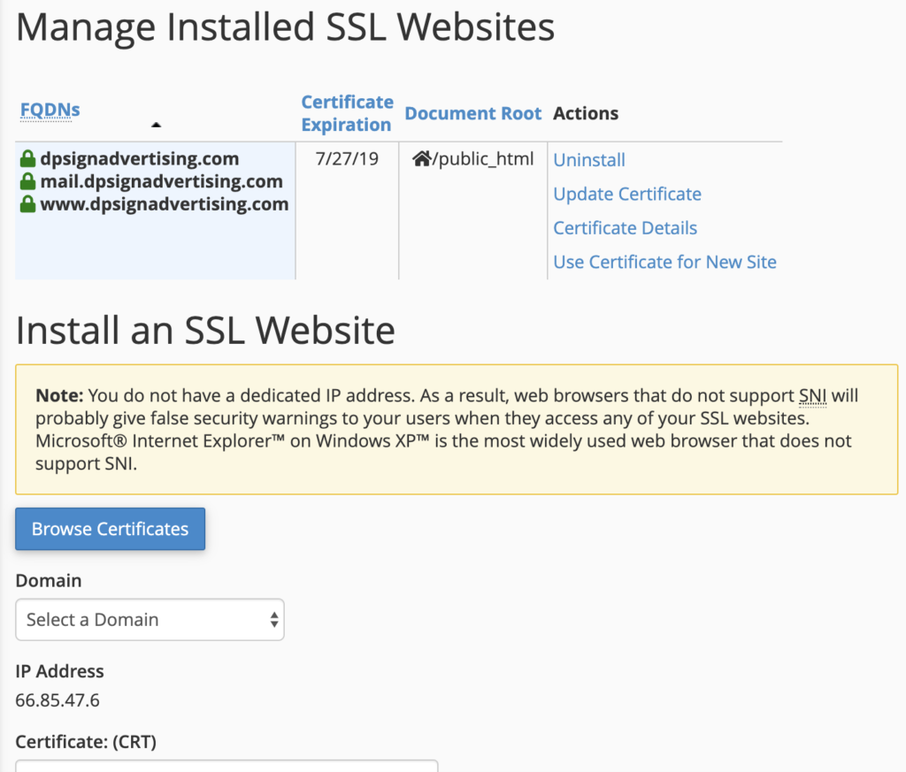 Installed SSL websites