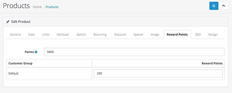 Set reward points for products in Opencart
