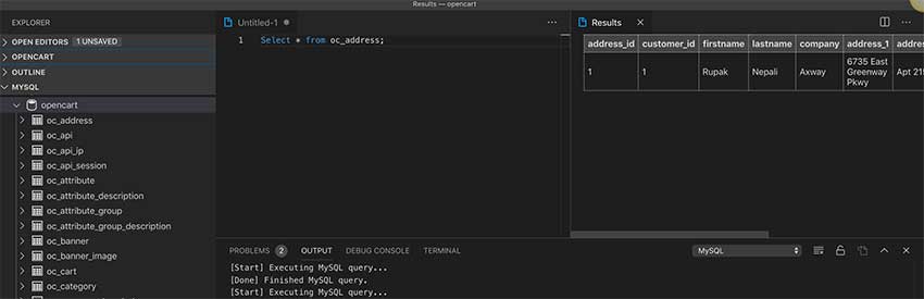 Query and its results in vscode