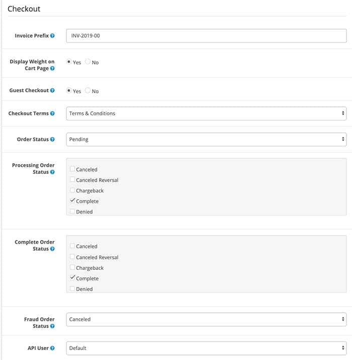 Checkout settings in Opencart