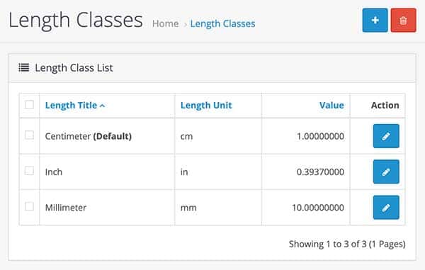 Length classes in Opencart
