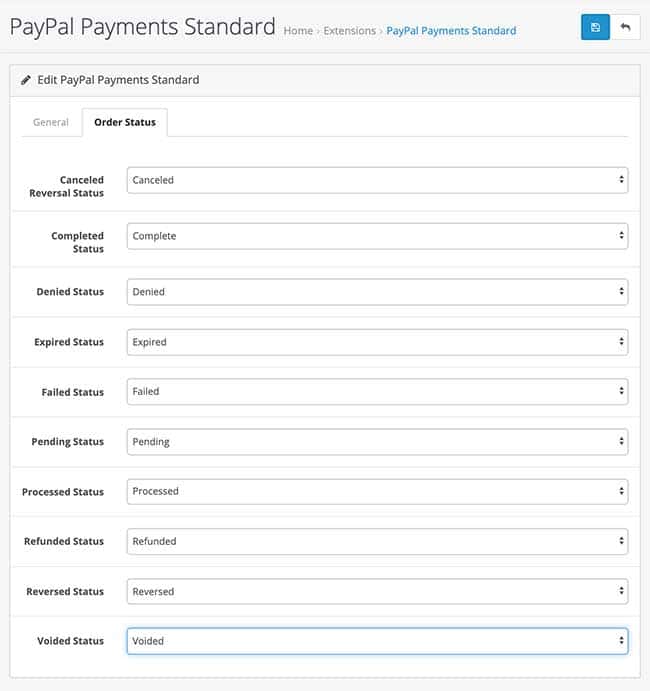 Paypal order status Opencart