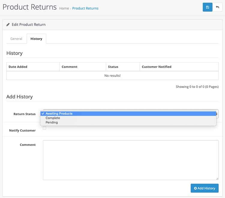 product returns history in Opencart