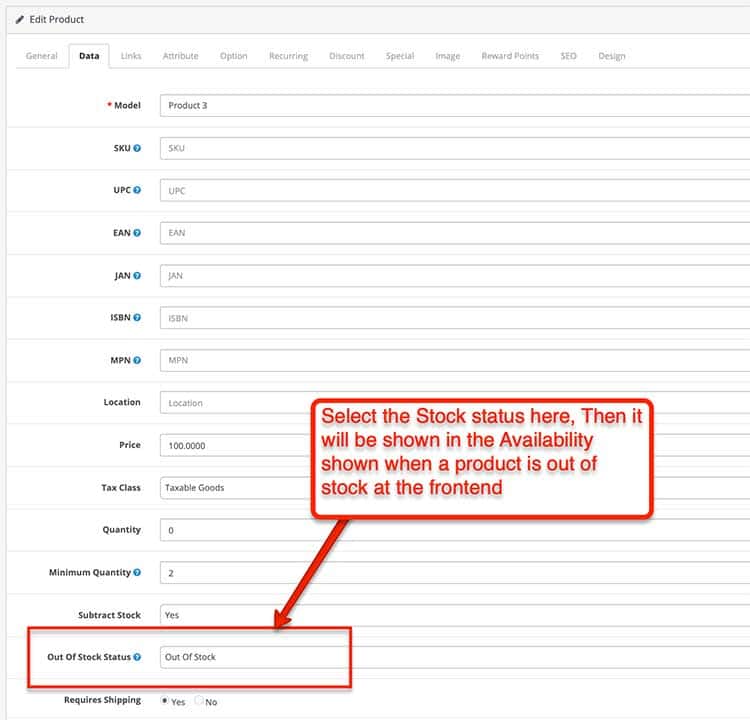 Product stock statuses Opencart