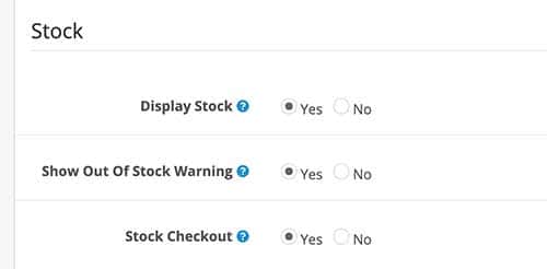 settings for out of stock in Opencart