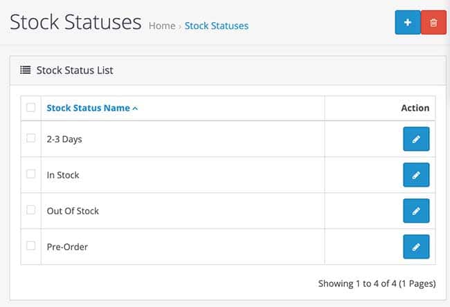 Stock statuses Opencart