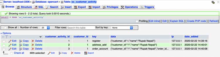 Customer activity database Opencart