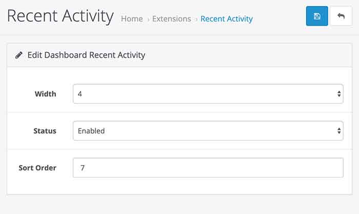 Dashboard widget settings Opencart