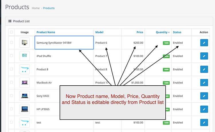 Edit products list Opencart 3