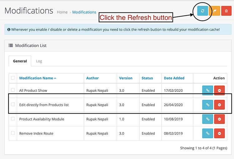 Modifications on edit directly from products list