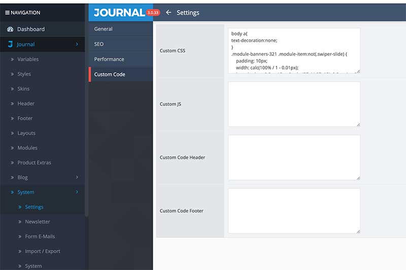 Journal theme custom CSS JS