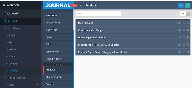 Products module in the Journal theme Opencart