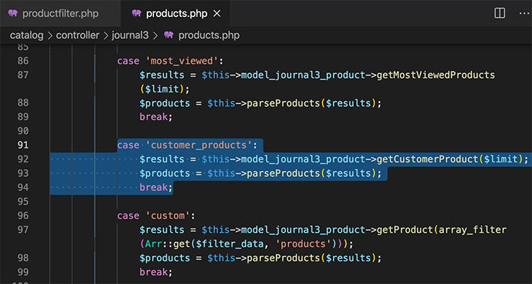 Journal custom code products