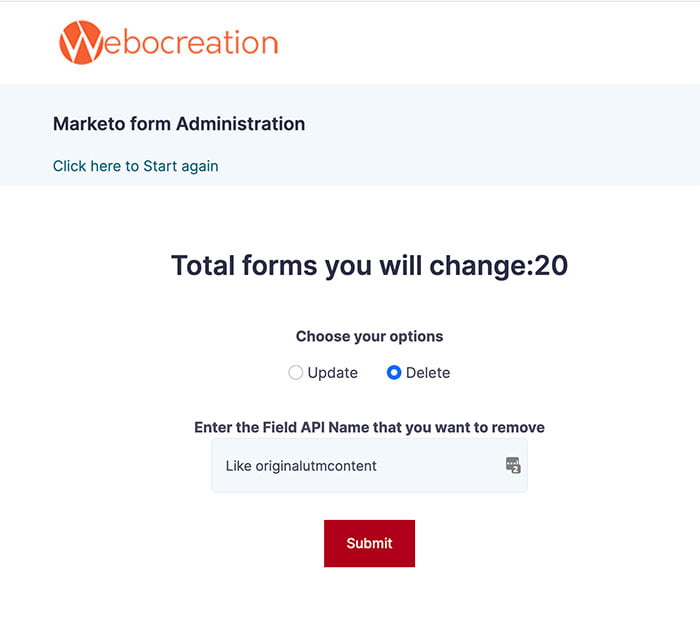 Form administration to delete or update Marekto form