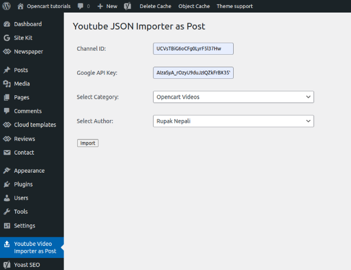 Youtube video Import as wordpress post