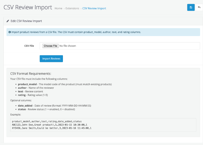 CSV import reviews opencart