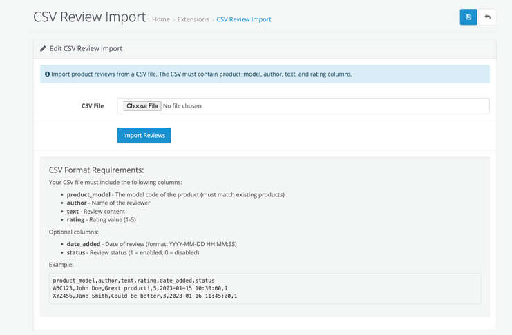 CSV Review import Opencart