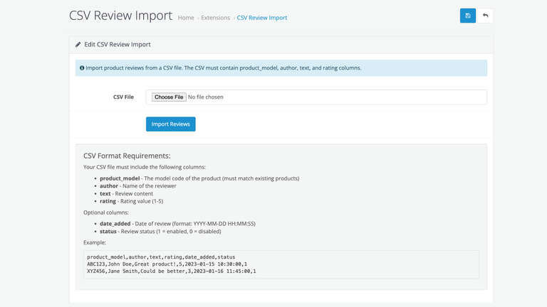 CSV Review import Opencart