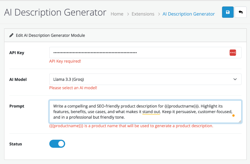Opencart AI description generator