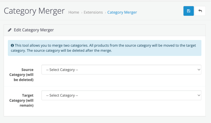 Opencart category merger extension module