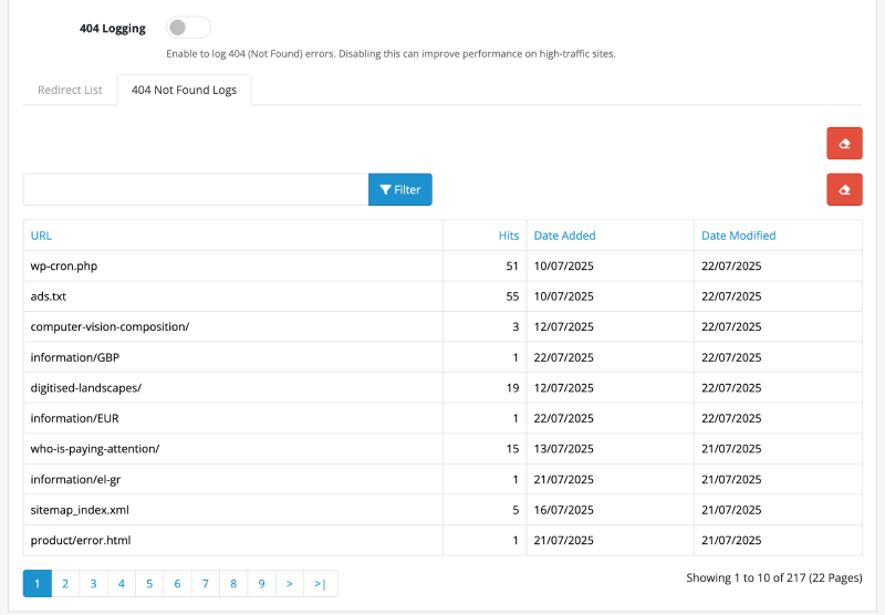 404 logging to analyze and add the redirect in Opencart