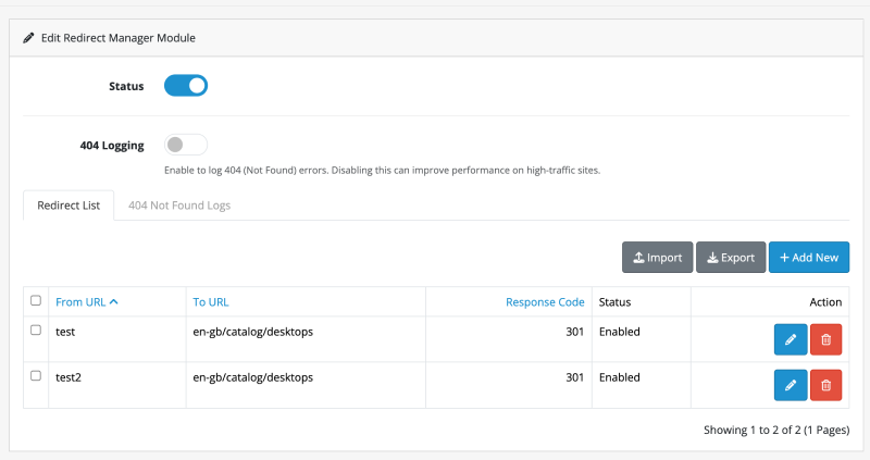 CRUD redirect opencart