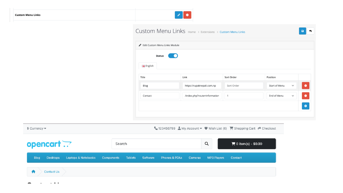 Custom Menu Links for OpenCart free extension
