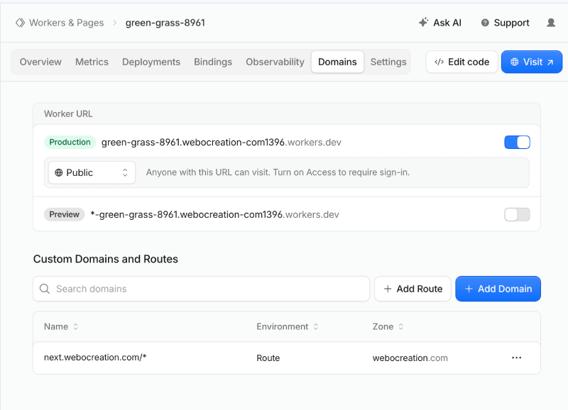 Cloudflare worker domain settings